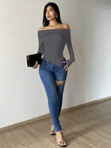 SHEIN Essnce Women's Solid Color Asymmetric Hem Off Shoulder Top - Grey - View 4