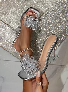 女式時尚派對、宴會、外出銀色果凍鑲鑽楔型高跟涼鞋,飾以珠繡花朵 - 銀色 - 查看 1