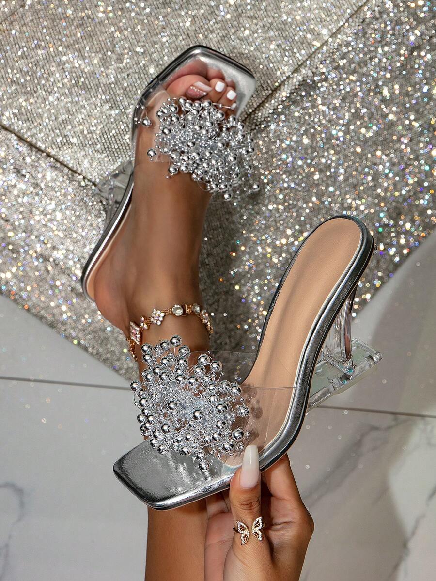 女式時尚派對、宴會、外出銀色果凍鑲鑽楔型高跟涼鞋,飾以珠繡花朵 - 銀色 - 查看 1
