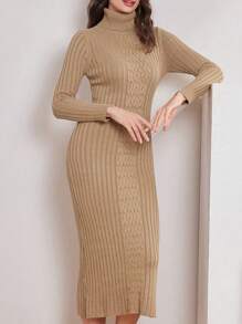 Mulvari Cổ áo cao Thon gọn Đầm Áo len Không có Eo Thắt lưng - Màu be - Xem 3