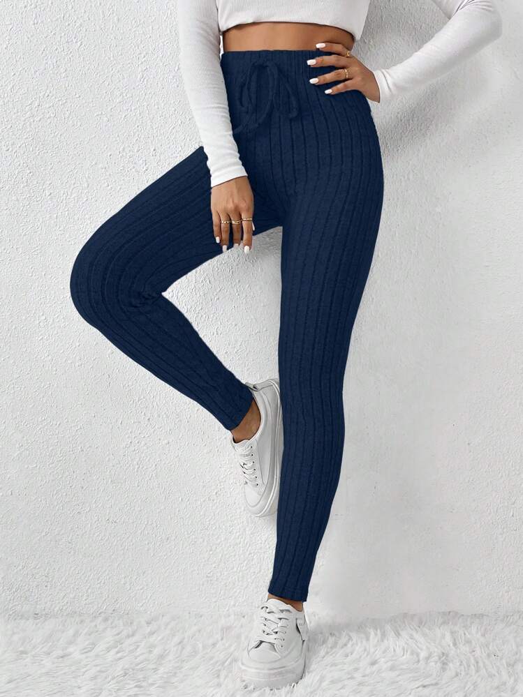 SHEIN Frenchy Solid Color Ribbed Knit Leggings Winter Casual Blue - Royal Blue - View 3
