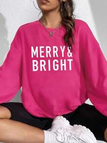 SHEIN EZwear 大尺寸字母印花圓領套頭衫 - 玫紅色 - 查看 1