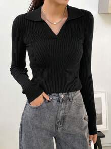 DAZY 女士修身長袖毛衣,立領設計 - 黑色 - 查看 3