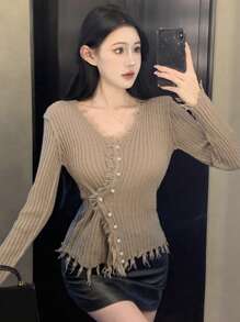 DAZY 女士时尚珍珠纽扣装饰流苏边开衫，秋季服装 - 卡其色 - 查看 4