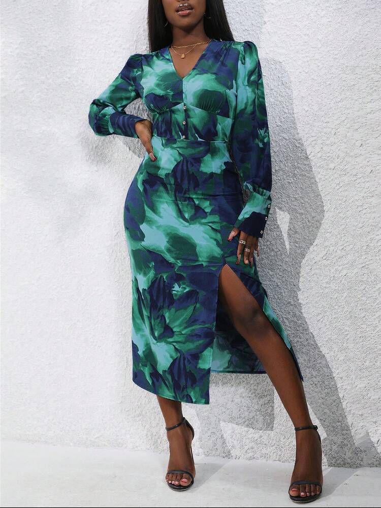 Random Print High Split Hem Dress Fall Cloth For Women