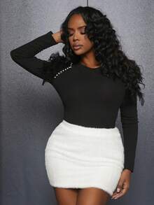 Slaydiva Của phụ nữ Vá lại Chi tiết lông Tay áo dài Áo thun - màu đen - Xem 5