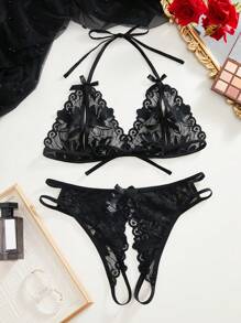 Classic Sexy 女士蕾絲性感內衣套裝,配以蝴蝶結裝飾 - 黑色 - 查看 2