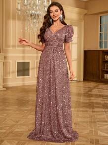 UNITHORSE UNITHORSE V-Neck Sparkly Puff Sleeve Party Dress Wedding Guest Dress Formal Dress Evening Dress, Bride Dress, Birthday Women Outfits, Graduation Dress,Gown