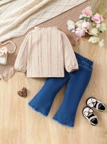 2入組新生兒女裝秋季/冬季優雅純色提花立領上衣，配流蘇邊垂墜牛仔褲 - 卡其色 - 查看 2