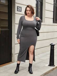 SHEIN Essnce Women's Plus Size Square Neck Side Slit Hem Dress