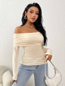 SHEIN EZwear 女士純色不對稱露肩t恤 - 米色 - 查看 5