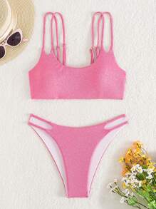SHEIN Swim Women's High Neck Ribbed Bikini Set Summer Beach - Hot Pink - View 1