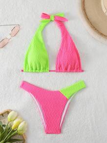 SHEIN Swim Women's Summer Beach Color Block Knot Back Halter Neon Bikini Set Bathing Suit - Multicolor - View 1