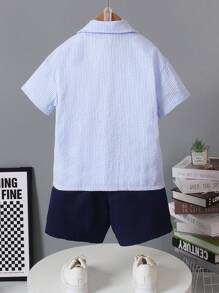 SHEIN Mùa hè Bong bóng Textured Sọc Ngắn tay Áo sơ mi Với Mặt trước Nút Và Túi Đồ trang trí - Màu xanh nhạt - Xem 2