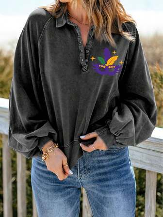 Mardi Gras Mask Print Half Button Raglan Sleeve Sweatshirt