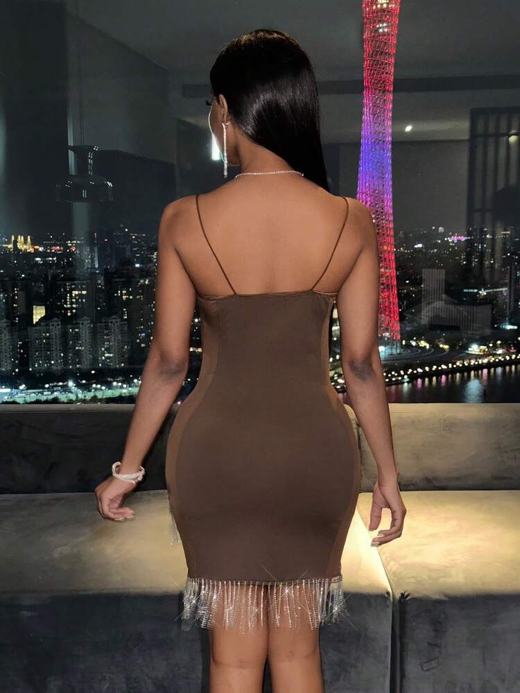 Rhinestone & Tassel Hem Design Spaghetti Strap Dress