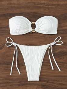 SHEIN Swim Bộ đồ bơi họa tiết màu trơn, Bộ bikini Bandeau Bộ đồ tắm Trang phục đi biển Kỳ nghỉ hè - trắng - Xem 7