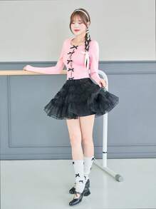 SHEINNeu Balletcore 甜美镂空丝带蝴蝶结蕾丝花边长袖粉色 T 恤生日女士服装春季女士衣服 - 粉色 - 查看 5