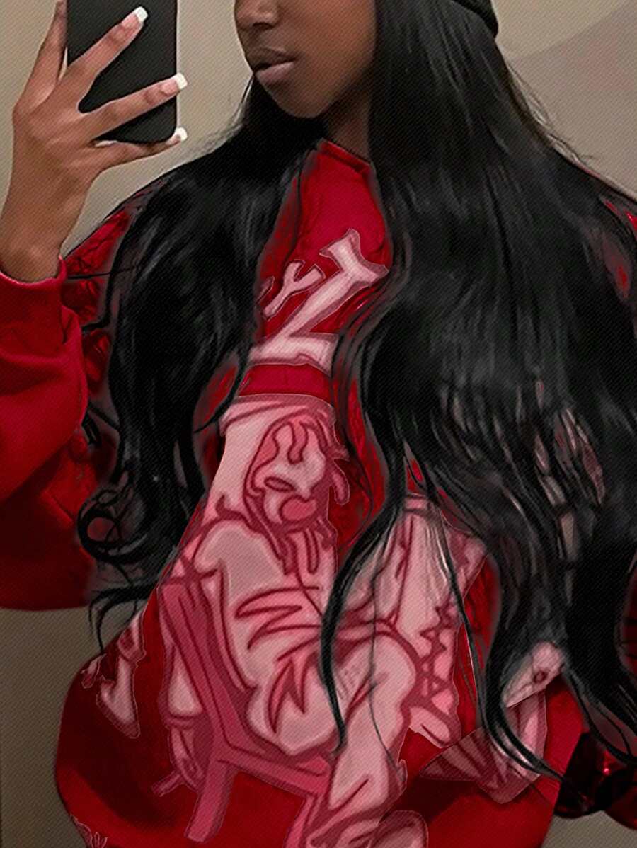 INAWLY Áo hoodie in hình nhân vật dành cho nữ, áo dài tay kiểu chui đầu, áo nỉ mùa thu. - Đỏ - Xem 1