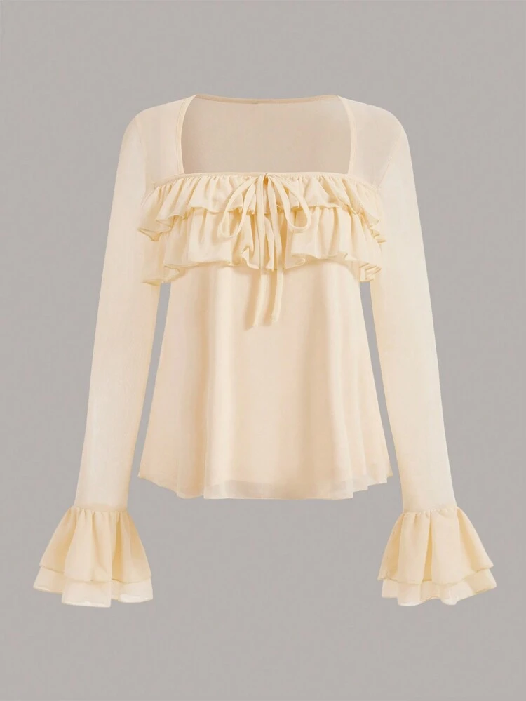 Ladies' Solid Color Mesh Splice Ruffle Hem Bell Sleeve T-Shirt