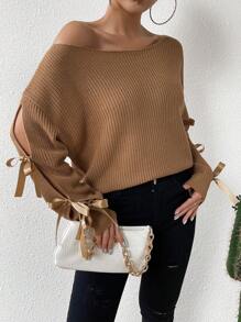 SHEIN Essnce Knotted Split Long Sleeve Solid Color Pullover Sweater - Brown - View 1