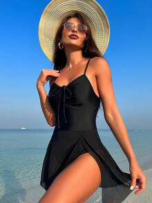 SHEIN Swim Women'S One-Piece Swimsuit With Mesh Knot Detailing On The Chest Music Festival - Black - View 5