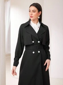 Modelyn Women's Solid Color Double Breasted Belted Trench Coat - Black - View 3