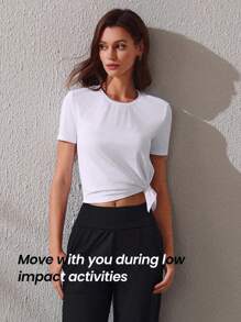 Lifespree Women's Knotted Solid Color Sports T-shirt - White - View 5