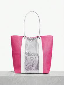 SHEIN SXY 女士，女士编织包，手提包，时尚，夏季，度假，草编，节日，轻便，便携，户外，亮片 - 玫紅色 - 查看 2