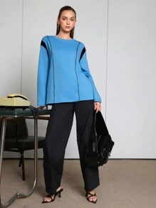 SHEINNeu Camiseta De Manga Larga Para Mujer Con Detalles De Costuras En Contraste - Azul - Ver 3