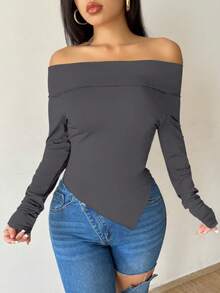 SHEIN Essnce Women's Solid Color Asymmetric Hem Off Shoulder Top - Grey - View 5