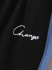 SHEIN 2入組年輕男孩彩色拼接字母印花T卹和短褲，休閒運動春夏套裝