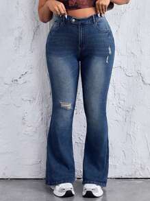 SHEIN EZwear Women's Plus Size Distressed Water Washing Flared Jeans - Dark Wash - View 1