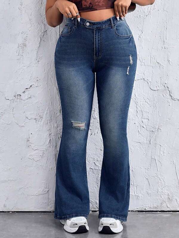 Plus Size Women Distressed Flare Leg Washed Denim Jeans