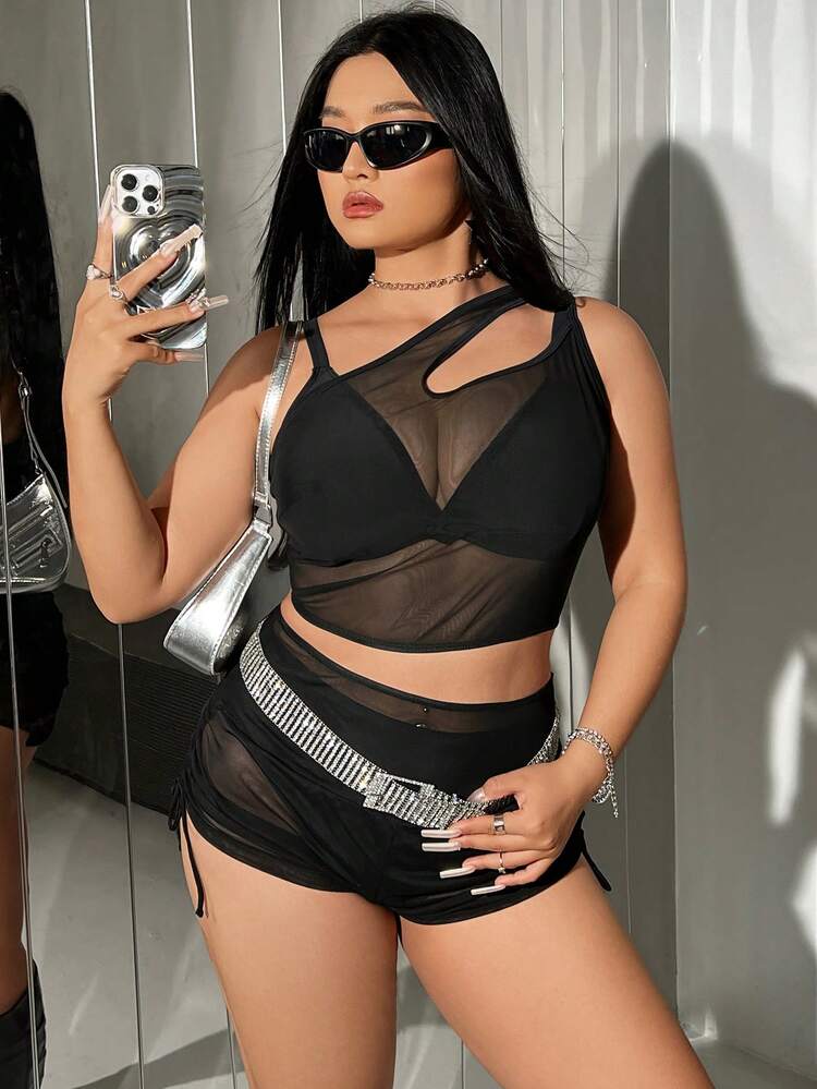 Plus Size Women's Sheer Cut-Out Mesh Bikini Set Summer Beach
