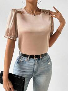 Chiquease 圓領荷葉邊袖口襯衫 - 杏色 - 查看 4