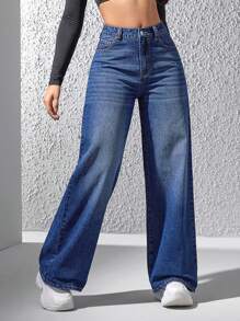 SHEIN EZwear Straight Leg Jeans With Stone Wash - Blue - View 3