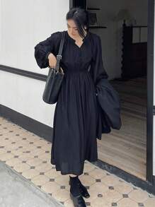 DAZY Notched Neckline Lantern Sleeve Dress - Navy Blue - View 1