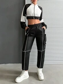 EURMUSE Contrast Zipper Baseball Collar Top And Contrast Edge Sports Pants 2pcs/Set - Black and White - View 3