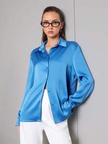 SHEINNeu Của phụ nữ Màu thuần Thả vai Tay áo Áo sơ mi - Màu xanh lam - Xem 5