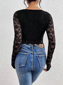 SHEIN Frenchy Women's Lace & Pleated Top - Black - View 2