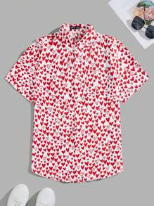 Manfinity Unisex Camisa Casual Tejida Estampada Con Corazones Para Hombre