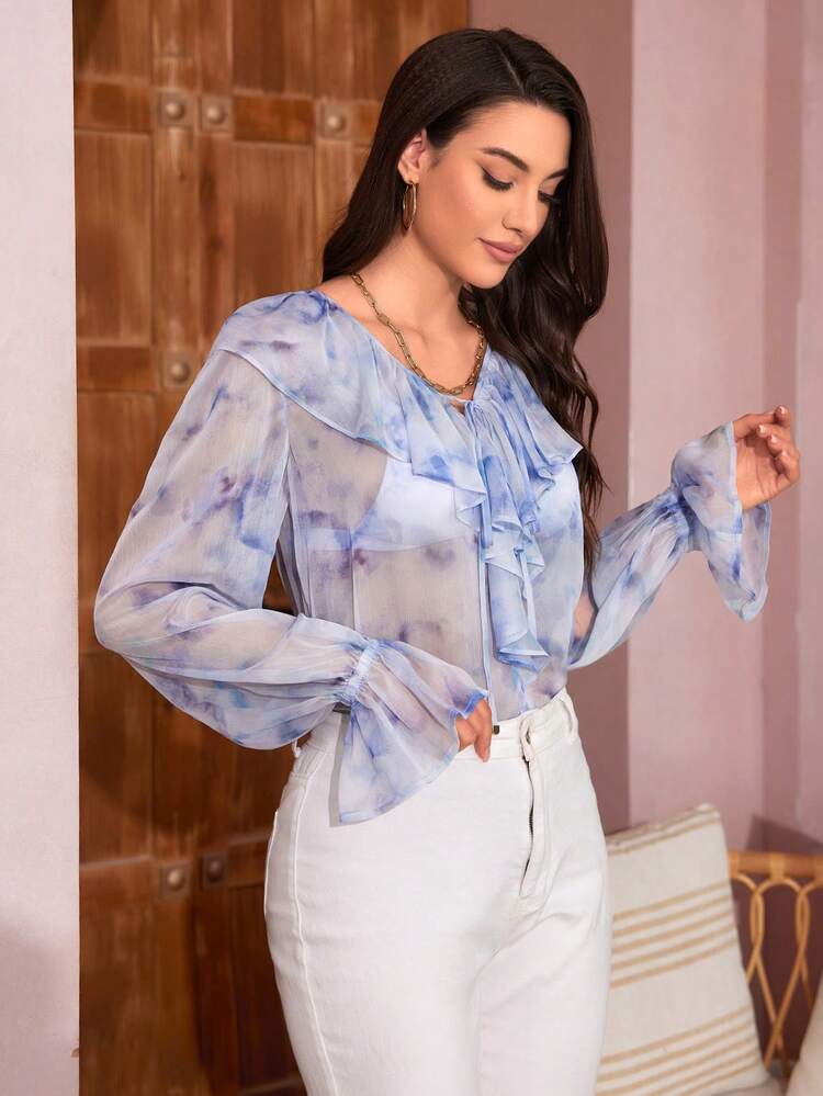 Tie-Dye Sheer Top With Ruffle Trim