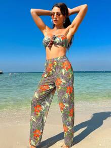 SHEIN Swim Women'S Three Piece Set Plant & Leopard Printed Bandeau Bikini Summer - Multicolor - View 1