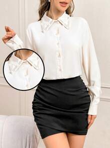 SHEIN Privé Women's Pearl Beaded Button Down Shirt - Apricot - View 1