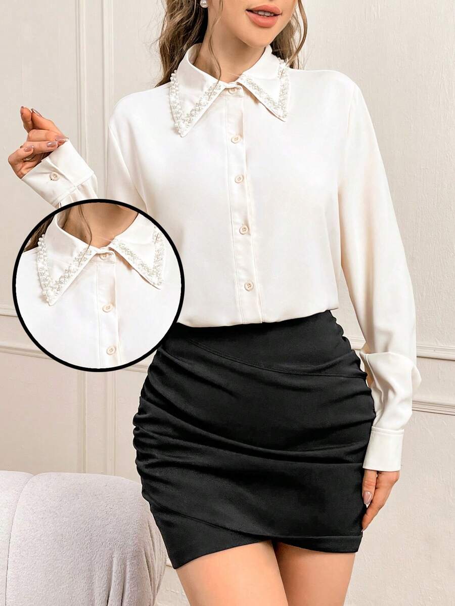 SHEIN Privé Women's Pearl Beaded Button Down Shirt - Apricot - View 1