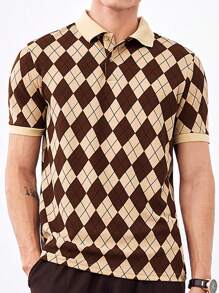 GENTILAND Men's Diamond Check Knitted Casual Short Sleeve Polo Shirt , Button Up Dress Colorful Khaki Work Vintage - Brown - View 1