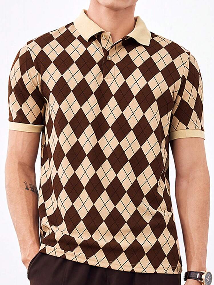 GENTILAND Men's Diamond Check Knitted Casual Short Sleeve Polo Shirt , Button Up Dress Colorful Khaki Work Vintage - Brown - View 1