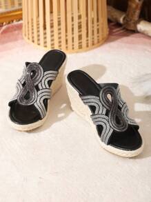 Đúng mốt Của phụ nữ Nêm Gót chân Giày Espadrilles Dép xăng đan Với Pha lê Dây đeo & Dày Đáy - màu đen - Xem 2