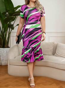 SHEIN Clasi 加大號全印花美人魚擺緊身連衣裙 - 紫色 - 查看 1